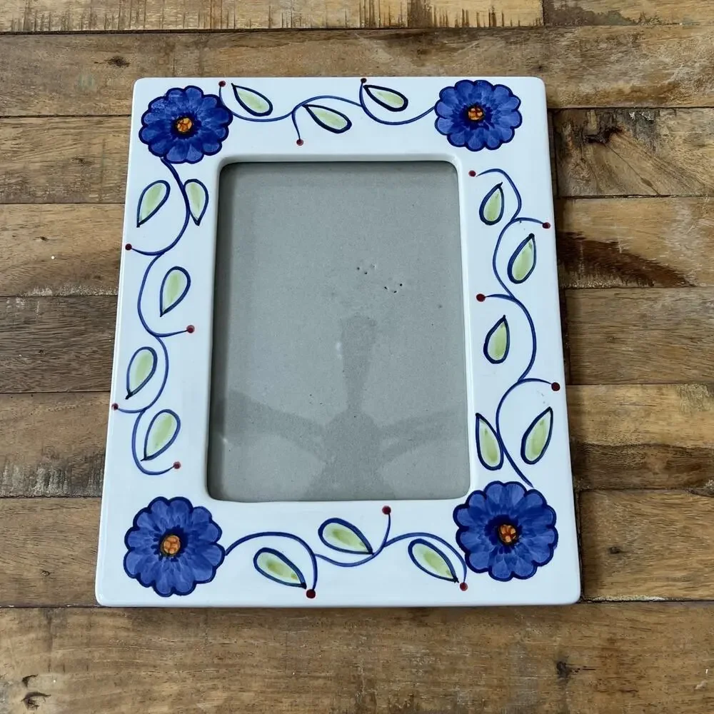 Vintage Ceramic Photo Frame With Blue Flowers and Leaves